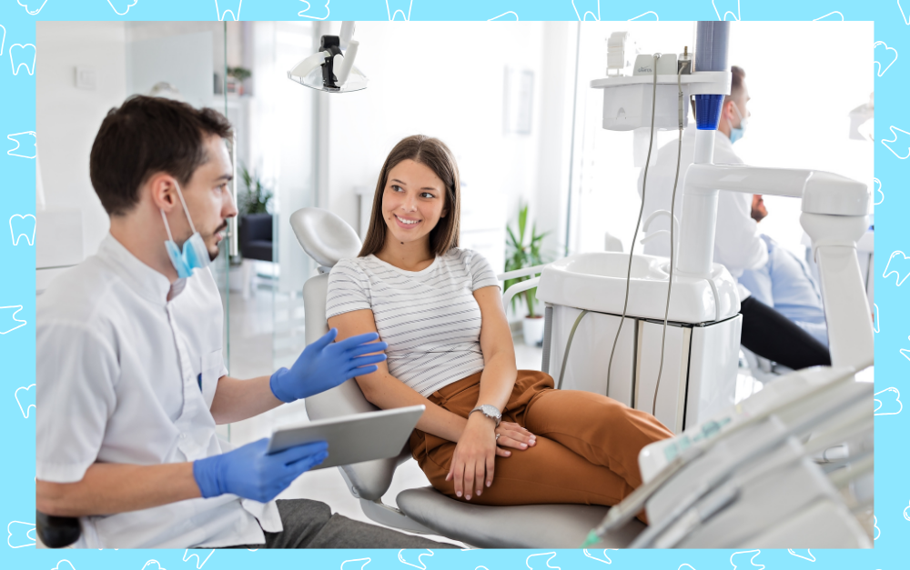 Dentist explaining steps in a dental implant procedure.