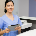 Assistant with digital tablet standing by reception counter while registering new patients.