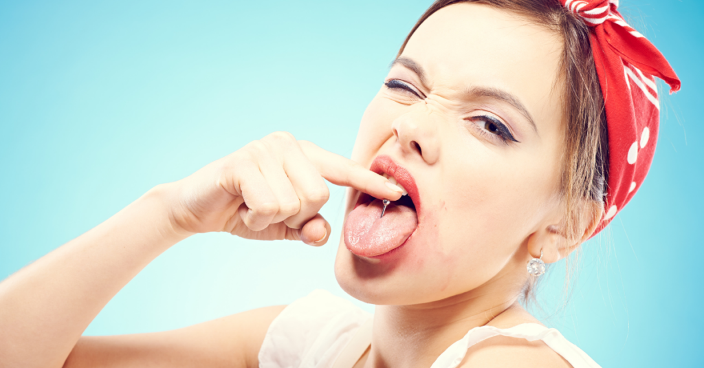 Funny woman with pierced tongue.
