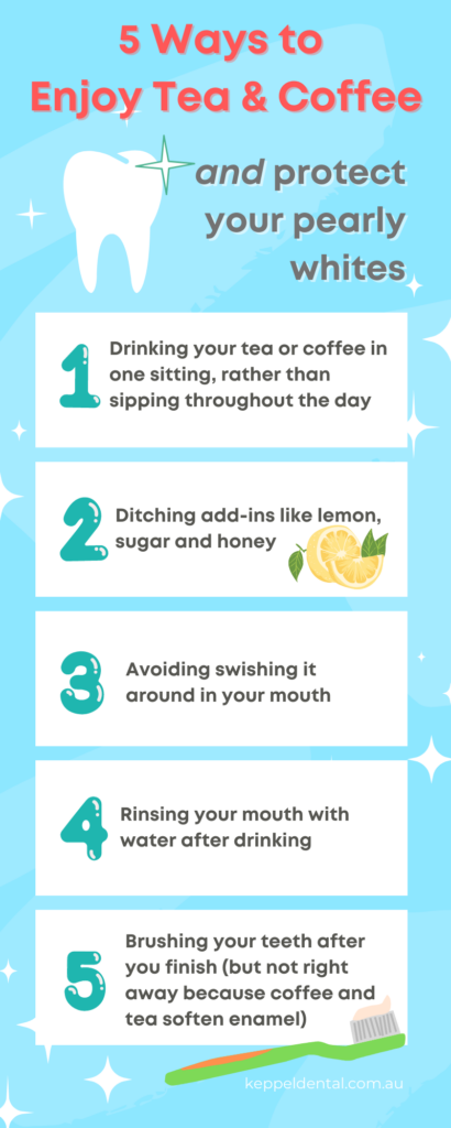 A graphic of the 5 ways to enjoy tea and coffee and protect your pearly whites.