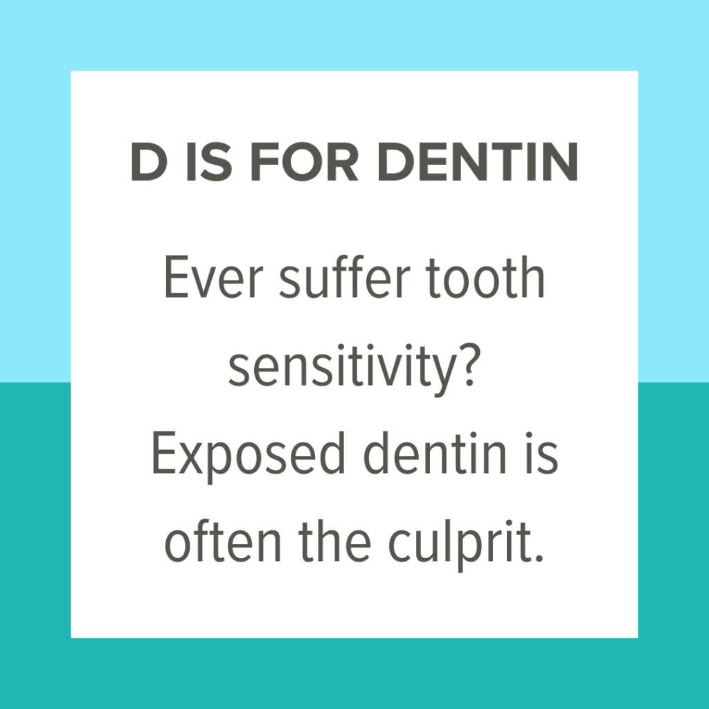 Glossary term dentin definition on blue and teal background.