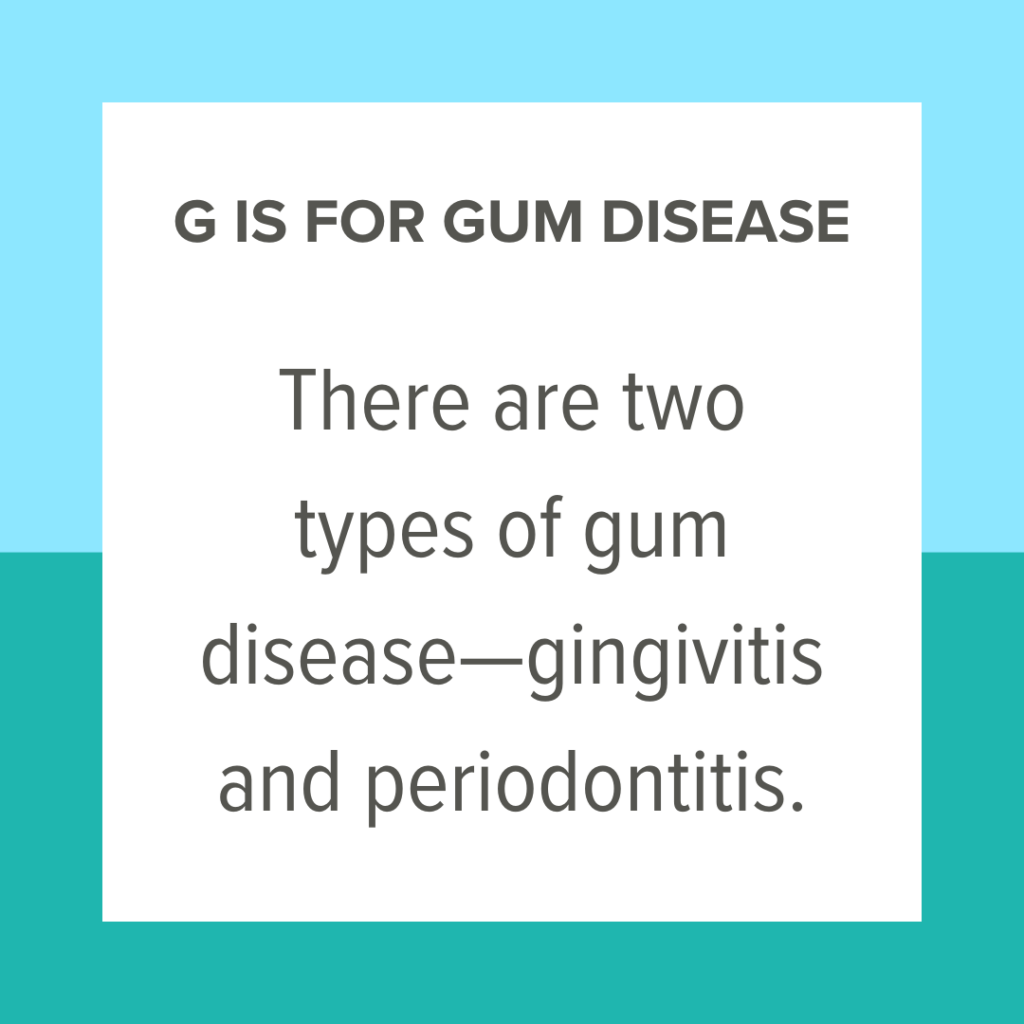 Glossary term gum disease definition on blue and teal background.