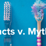 New toothbrush and a frayed toothbrush side by side on blue background.