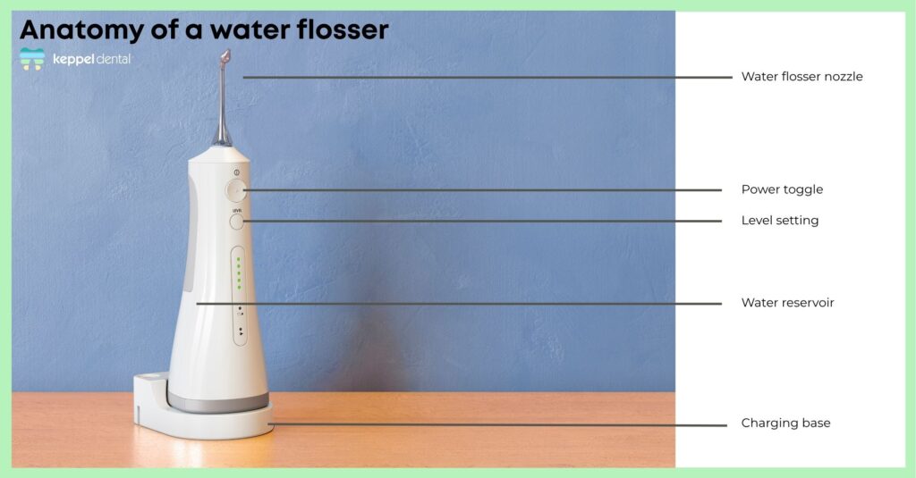photo of a water flosser with a diagram indicating the parts of the flosser including the nozzle, power toggle, level setting, water reservoir, and charging base.