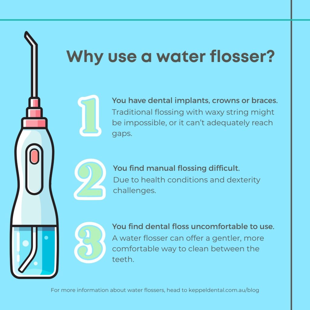 infographic titled "Why use a water flosser" with an illustration of a water flosser and three reasons to use it.