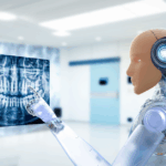 Medical technology concept with 3d rendering with artificial skin robot analyzing teeth x-ray.