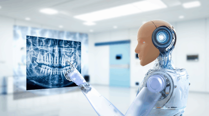 Medical technology concept with 3d rendering with artificial skin robot analyzing teeth x-ray.